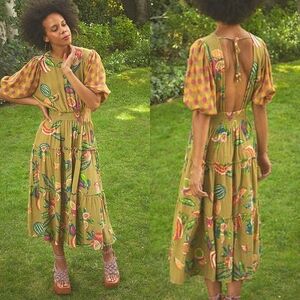 NWT The Odells Bailey Dress Olive and Bright Fruit Small